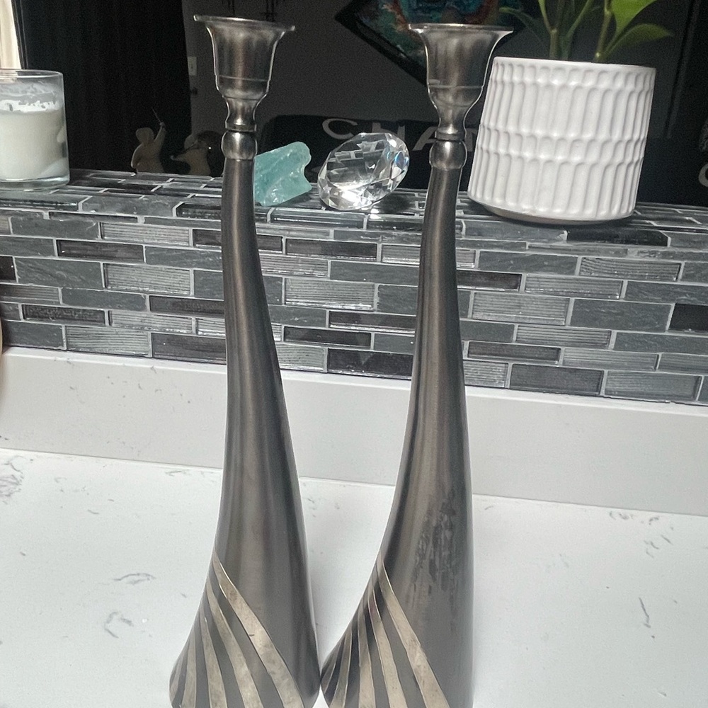 Pair of MCM Brutalist Metal Concentric Tapered Candlesticks 14”